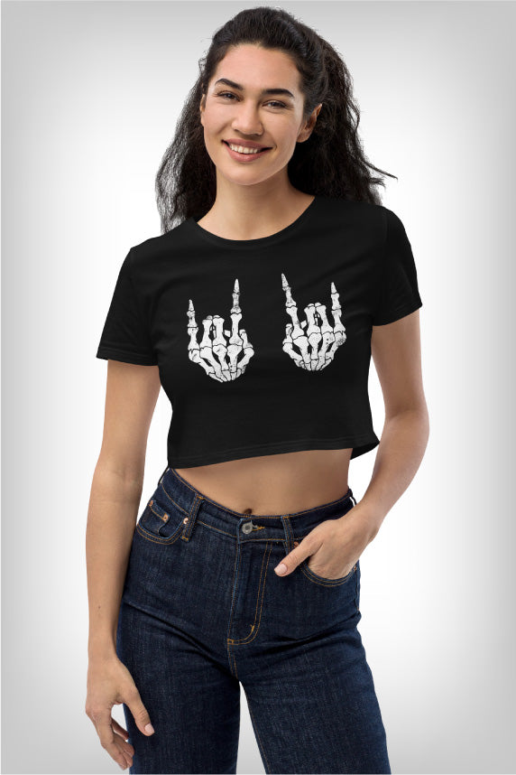 halloween-shirts-womans-black-crop-top-with-skeleton-holding-up-a-rock-on-hand-sign