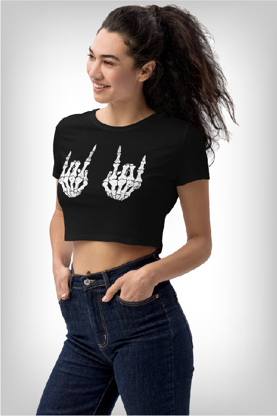 halloween-shirts-womans-black-crop-top-with-skeleton-holding-up-a-rock-on-hand-sign