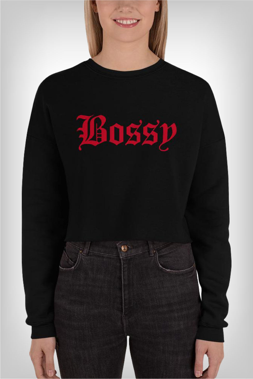 Women's Black Fleece Cropped Sweatshirt With Bossy Text Graphic