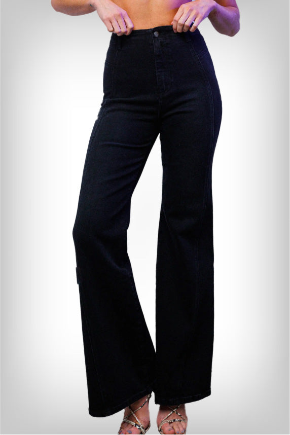 womens-black-high-rise-flare-jeans-front-view