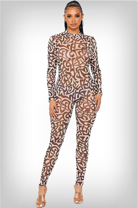 front-view-of-the-abstract-mesh-jumpsuit-showcasing-the-dark-brown-print-on-taupe-sheer-mesh