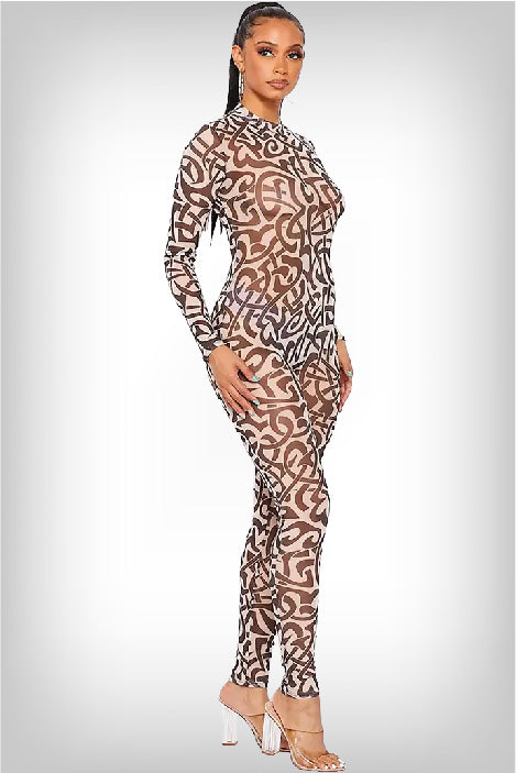 front-view-of-the-abstract-mesh-jumpsuit-showcasing-the-dark-brown-print-on-taupe-sheer-mesh