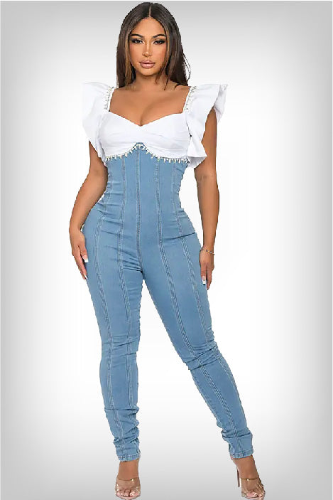 corset-jumpsuit-featuring-white-balloon-sleeve-blouse-and-underbust-denim-pants-tastefully-accented-with-rhinestones