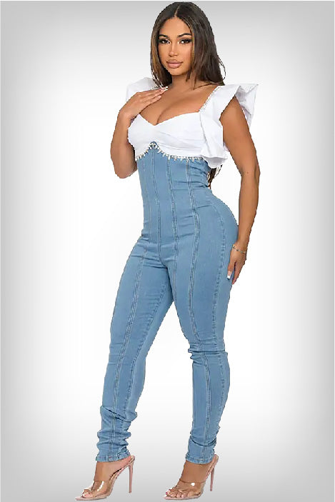 corset-jumpsuit-featuring-white-balloon-sleeve-blouse-and-underbust-denim-pants-tastefully-accented-with-rhinestones