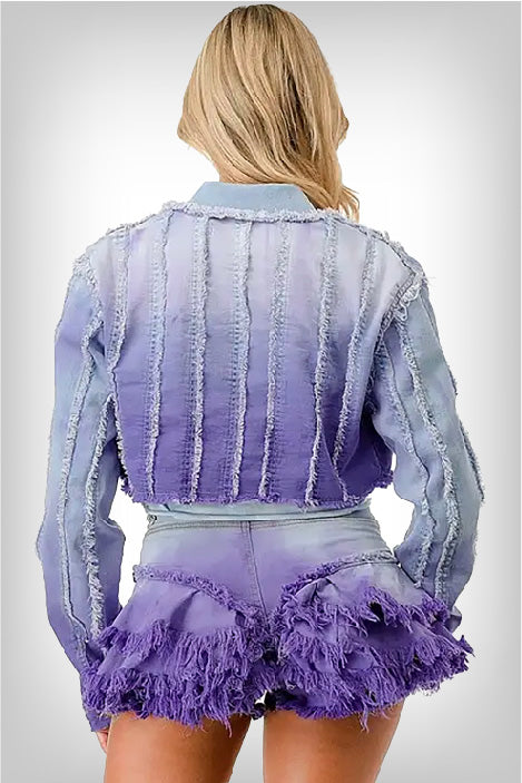 Front view, denim-cropped-jacket-featuring-a-gradient-from-light-denim-to-lavender-to-purple