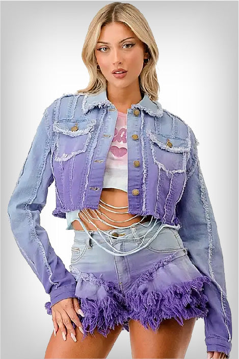 Front view, denim-cropped-jacket-featuring-a-gradient-from-light-denim-to-lavender-to-purple