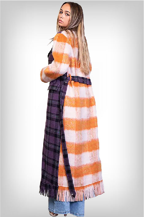 front-view-multicolor-plaid-wool coat-featuring-purple-black-and-gray-plaid-pattern