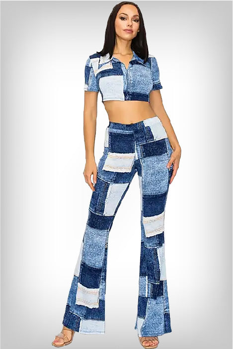 front-view-of-the-denim-two-piece-set-showcasing-patchwork-of-different-denim-shades