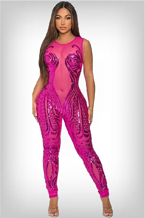 Elegant body-hugging pink sequin jumpsuit showcasing a captivating sleeveless design