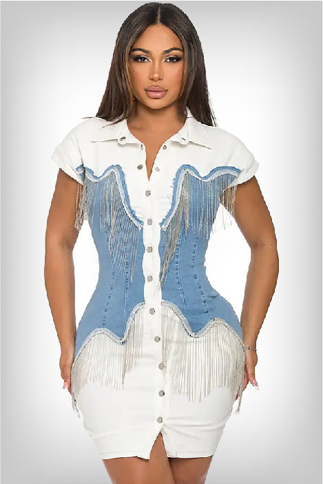 front-view-of-model-in-a-body-con-denim-mini-dress-with-button-down-shirt-design