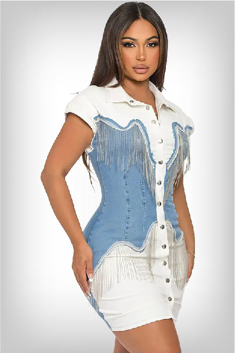 front-view-of-model-in-a-body-con-denim-mini-dress-with-button-down-shirt-design