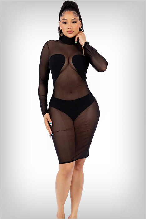 Front view of a flirty mesh dress, highlighting the color block design shaping an hourglass figure