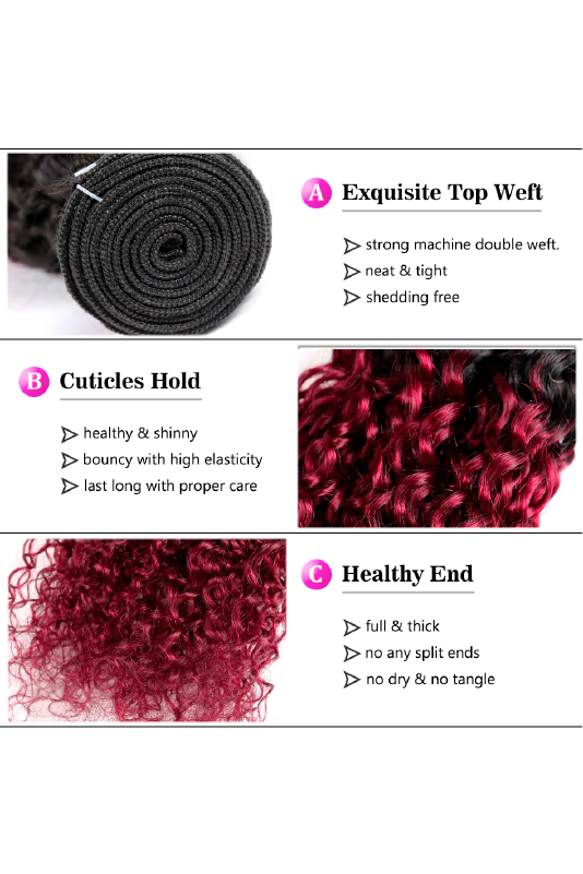 Women's Color (T1B / Burgundy), Kinky Curly Remy Brazilian Hair Extensions, Human Hair Bundles