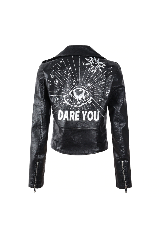 Black Faux Leather Jacket With Large Text And Image Graphics