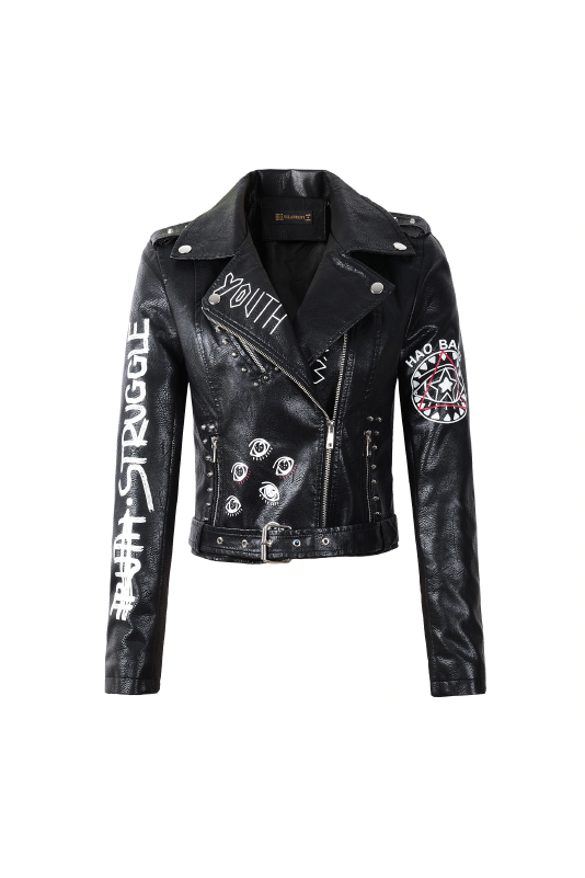 Black Faux Leather Jacket With Large Text And Image Graphics