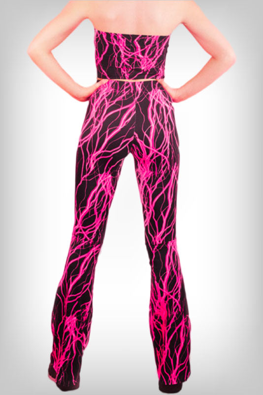 Model Wearing A Tube Top & Flare Pants Two-Piece Set With Pink Lightning Print