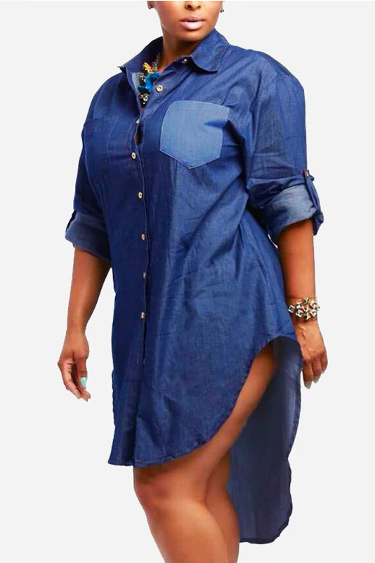 Beautiful Woman In Sexy Button Down Denim Shirt Dress With A Pocket In The Front