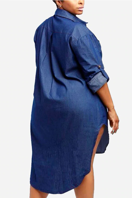 Beautiful Curvy Woman In Sexy Plus Size Button-Down Denim Shirt Dress With A Pocket In The Front