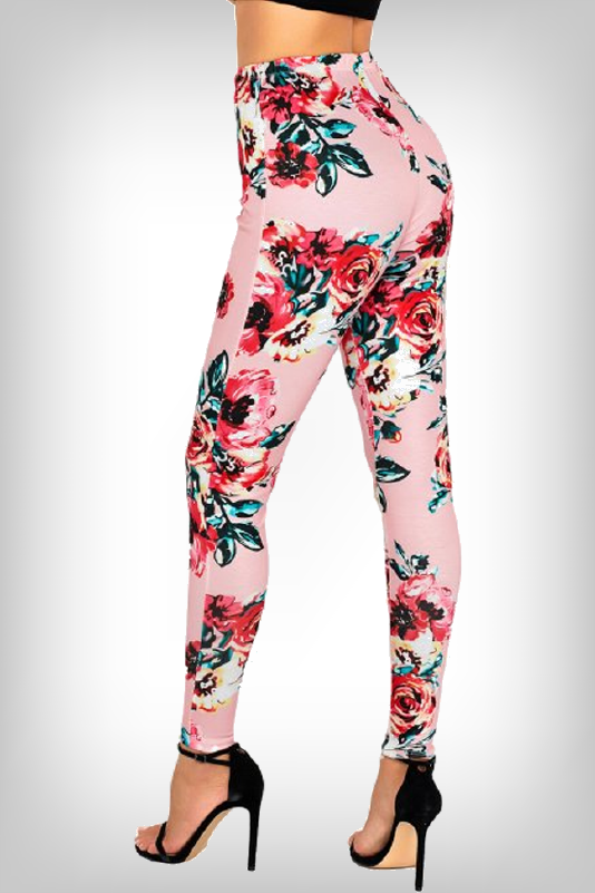 Model Wearing Pink High-Rise Performance Yoga Leggings, With Floral Design