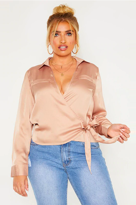 Model Woman Wearing A Plus Size Satin Champagne Self-Tie Wrap Top