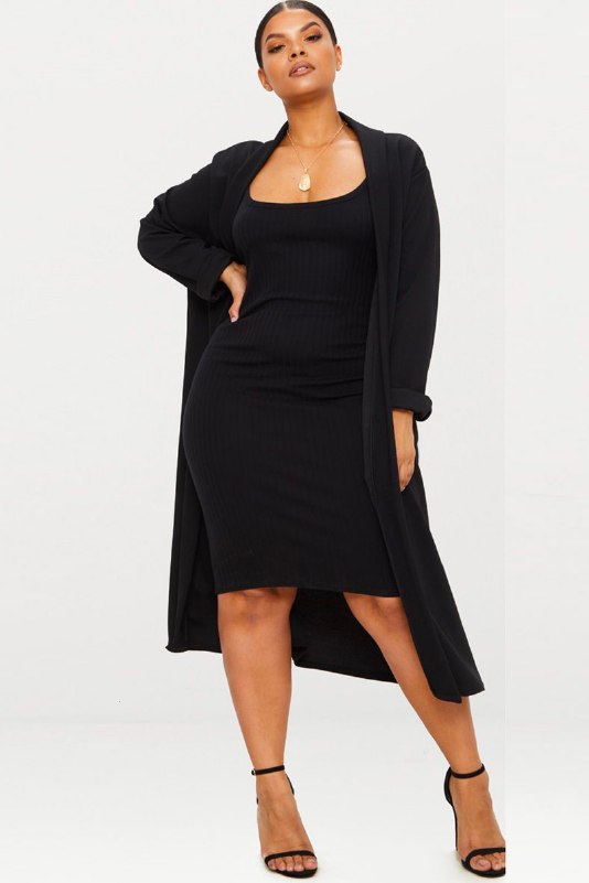 Model Woman Wearing A Black Open Front Plus Size Crepe Longline Duster Cardigan