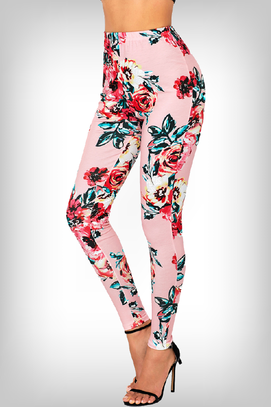 Model Wearing Pink High-Rise Performance Yoga Leggings, With Floral Design