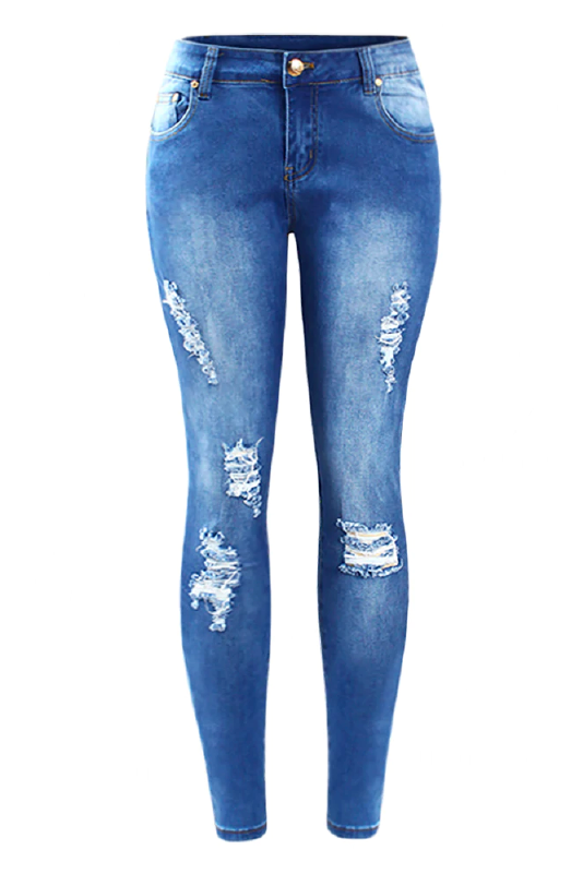 Oceana Medium Wash Blue Ripped And Distressed Skinny Jeans Front Side