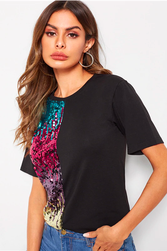 Model Woman Wearing A Half Black & Half Colorful Sequin T-Shirt Top