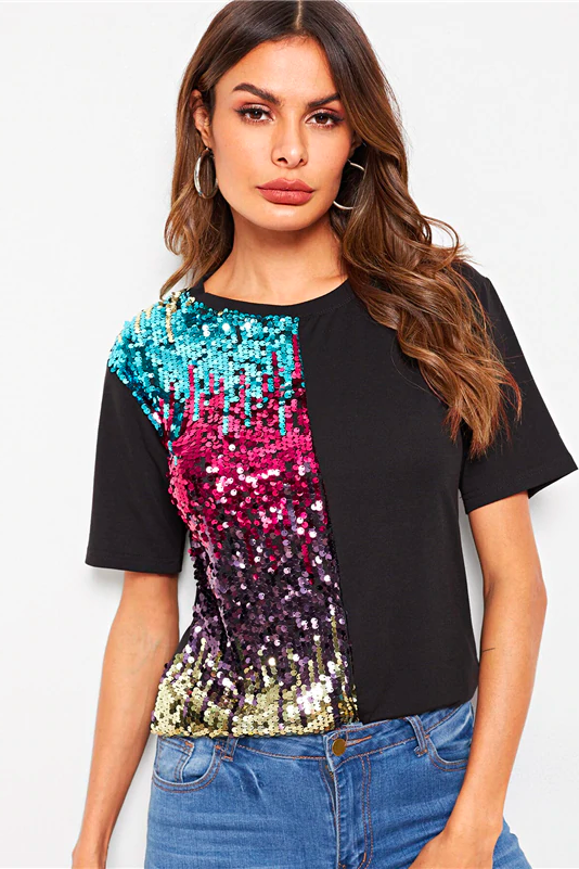 Model Woman Wearing A Half Black & Half Colorful Sequin T-Shirt Top