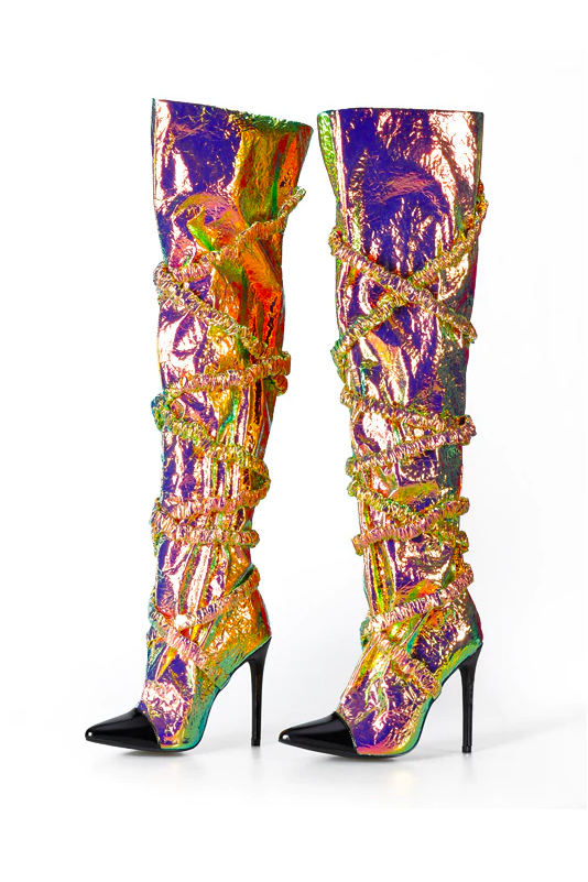 Multi colored thigh high top boots